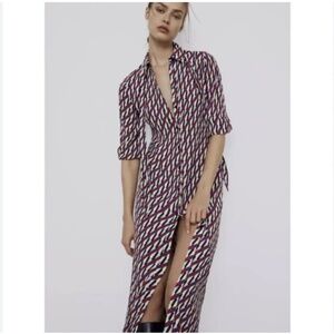 Zara The Sussy Geometric Button Front Maxi Dress with Tie Neck Size Small